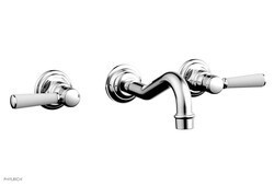 PHYLRICH 161-13-050 HENRI THREE HOLE WALL MOUNT BATHROOM FAUCET WITH SATIN WHITE LEVER HANDLES