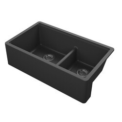 EMPIRE INDUSTRIES TF33DBG TITAN 33 INCH FARMHOUSE COMPOSITE GRANITE DOUBLE BOWL KITCHEN SINK IN BLACK WITH STRAINER