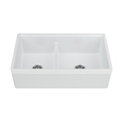 EMPIRE INDUSTRIES YO33DG YORKSHIRE 33 INCH FARMHOUSE FIRECLAY DOUBLE BOWL KITCHEN SINK IN WHITE WITH CUTTING-BOARD, GRID AND STRAINER