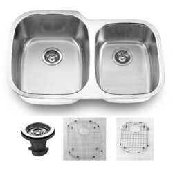 EMPIRE INDUSTRIES SP-6C PREMIUM 31.88 INCH UNDERMOUNT 16 GAUGE STAINLESS STEEL 55/45 DOUBLE BOWL KITCHEN SINK WITH GRID AND STRAINER
