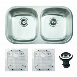 EMPIRE INDUSTRIES SP-9C PREMIUM 32.5 INCH UNDERMOUNT 16 GAUGE STAINLESS STEEL 50/50 DOUBLE BOWL KITCHEN SINK WITH GRID AND STRAINER