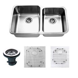 EMPIRE INDUSTRIES SP-15LC PREMIUM 31.88 INCH UNDERMOUNT 16 GAUGE STAINLESS STEEL 55/45 DOUBLE BOWL KITCHEN SINK WITH GRID AND STRAINER