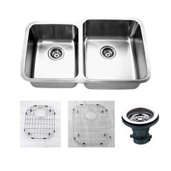 EMPIRE INDUSTRIES SP-15RC PREMIUM 31.88 INCH UNDERMOUNT 16 GAUGE STAINLESS STEEL 45/55 DOUBLE BOWL KITCHEN SINK WITH GRID AND STRAINER