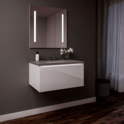 ROBERN 24219100SB00001 CURATED CARTESIAN 24 INCH SINGLE DRAWER WHITE GLASS VANITY WITH STONE GRAY TOP AND SELECTABLE 2700K/4000K NIGHT LIGHT