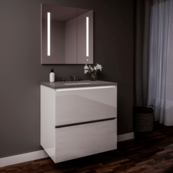 ROBERN 24219100SB00002 CURATED CARTESIAN 24 INCH TWO DRAWER WHITE GLASS VANITY WITH STONE GRAY TOP AND SELECTABLE 2700K/4000K NIGHT LIGHT