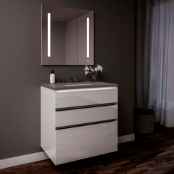 ROBERN 24219100SB00003 CURATED CARTESIAN 24 INCH THREE DRAWER WHITE GLASS VANITY WITH STONE GRAY TOP AND SELECTABLE 2700K/4000K NIGHT LIGHT