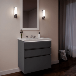 ROBERN 24279200SB00003 CURATED CARTESIAN 24 INCH THREE DRAWER MATTE GRAY GLASS VANITY WITH QUARTZ WHITE TOP AND SELECTABLE 2700K/4000K NIGHT LIGHT