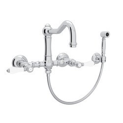 ROHL A1456LPWS-2 COUNTRY ACQUI WALL MOUNT COLUMN SPOUT BRIDGE SINGLE HOLE KITCHEN FAUCET WITH SIDESPRAY AND PORCELAIN LEVERS