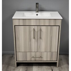 MTD VOLPA USA MTD-3130AG-14 PACIFIC 30 INCH MODERN BATHROOM VANITY IN ASH GREY WITH INTEGRATED CERAMIC TOP AND STAINLESS STEEL ROUND HOLLOW HARDWARE