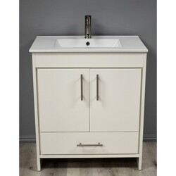 MTD VOLPA USA MTD-3130W-14 PACIFIC 30 INCH MODERN BATHROOM VANITY IN WHITE WITH INTEGRATED CERAMIC TOP AND STAINLESS STEEL ROUND HOLLOW HARDWARE