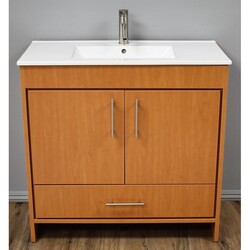 MTD VOLPA USA MTD-3136HM-14 PACIFIC 36 INCH MODERN BATHROOM VANITY IN HONEY MAPLE WITH INTEGRATED CERAMIC TOP AND STAINLESS STEEL ROUND HOLLOW HARDWARE