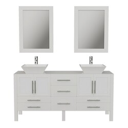CAMBRIDGE PLUMBING 8119XLWF 71 INCH SOLID WOOD VANITY WITH A PORCELAIN COUNTER TOP AND TWO MATCHING VESSEL SINKS, TWO LONG-STEMMED FAUCETS AND DRAINS