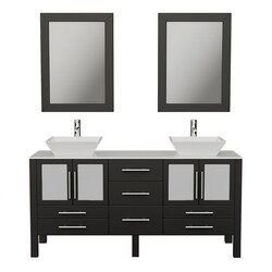 CAMBRIDGE PLUMBING 8119F 63 INCH SOLID WOOD VANITY WITH PORCELAIN COUNTER TOP AND TWO MATCHING VESSEL SINKS AND TWO LONG-STEMMED FAUCETS AND DRAINS