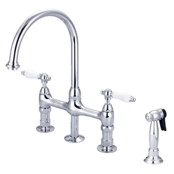 BARCLAY KFB512-PL HARDING 15 INCH FOUR HOLES DECK MOUNT BRIDGE KITCHEN FAUCET WITH SIDE SPRAY AND PORCELAIN LEVER HANDLES