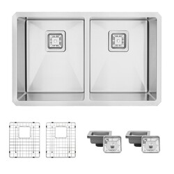 STYLISH S-504XG 30 INCH DOUBLE BASIN UNDERMOUNT STAINLESS STEEL KITCHEN SINK WITH GRIDS AND SQUARE STRAINERS