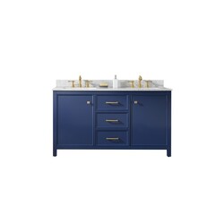 LEGION FURNITURE WLF2160D-B 60 INCH BLUE FINISH DOUBLE SINK VANITY CABINET WITH CARRARA WHITE TOP