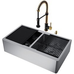 VIGO VG15993 36 INCH DOUBLE BOWL OXFORD APRON FRONT STAINLESS STEEL FARMHOUSE SINK WITH EDISON FAUCET IN MATTE BRUSHED GOLD AND MATTE BLACK