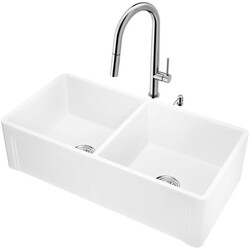 VIGO VG15937 36 INCH FARMHOUSE WHITE MATTE STONE DOUBLE BOWL CASEMENT APRON FRONT KITCHEN SINK, GREENWICH PULL-DOWN FAUCET AND SOAP DISPENSER SET IN STAINLESS STEEL
