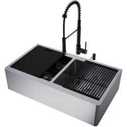 VIGO VG15930 36 INCH KITCHEN WORKSTATION OXFORD 36-IN STAINLESS STEEL DOUBLE-BOWL STANDARD FLAT APRON FRONT/FARMHOUSE UNDERMOUNT KITCHEN SINK SET WITH SINGLE-HOLE PULL-DOWN SPRAYER LAURELTON KITCHEN FAUCET IN MATTE BLACK, SOAP DISPENSER AND GRID