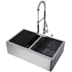 VIGO VG15923 33 INCH OXFORD STAINLESS STEEL FLAT APRON DOUBLE BOWL KITCHEN SINK WORKSTATION WITH ZURICH FAUCET AND SOAP DISPENSER