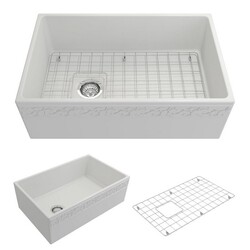 BOCCHI 1347-002-0120 VIGNETO APRON FRONT FIRECLAY 30 INCH SINGLE BOWL KITCHEN SINK WITH PROTECTIVE BOTTOM GRID AND STRAINER