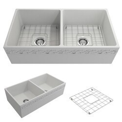 BOCCHI 1351-0120 VIGNETO 36 INCH APRON FRONT FIRECLAY DOUBLE BOWL KITCHEN SINK WITH PROTECTIVE BOTTOM GRID AND STRAINER