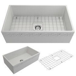 BOCCHI 1353-0120 VIGNETO 33 INCH APRON FRONT FIRECLAY SINGLE BOWL KITCHEN SINK WITH PROTECTIVE BOTTOM GRID AND STRAINER