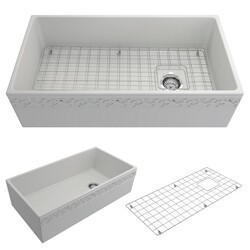BOCCHI 1355-0120 VIGNETO 36 INCH APRON FRONT FIRECLAY SINGLE BOWL KITCHEN SINK WITH PROTECTIVE BOTTOM GRID AND STRAINER