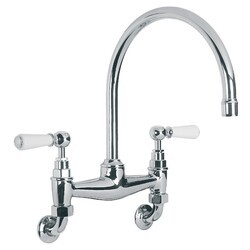 LEFROY BROOKS WL-1518 CLASSIC 13 3/8 INCH TWO HOLES WALL MOUNT KITCHEN BRIDGE MIXER WITH WHITE LEVER HANDLES
