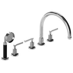 LEFROY BROOKS M2-2201 FLEETWOOD 11 3/4 INCH FIVE HOLES DECK MOUNT TUB FILLER WITH PULL-OUT BLACK HANDSHOWER AND LEVER HANDLES