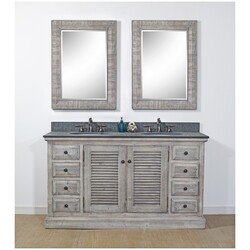 INFURNITURE WK1960-G+MG TOP 60 INCH RUSTIC SOLID FIR DOUBLE SINKS VANITY IN GREY DRIFTWOOD WITH POLISHED TEXTURED SURFACE GRANITE TOP
