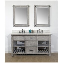 INFURNITURE WK8260-G+AP TOP 60 INCH RUSTIC SOLID FIR DOUBLE SINK VANITY IN GREY DRIFTWOOD WITH ARCTIC PEARL QUARTZ MARBLE TOP