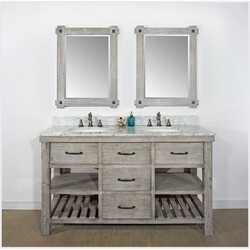 INFURNITURE WK8260-G+CW TOP 60 INCH RUSTIC SOLID FIR DOUBLE SINK VANITY IN GREY DRIFTWOOD WITH CARRARA WHITE MARBLE TOP