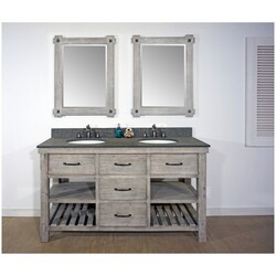 INFURNITURE WK8260-G+MG TOP 60 INCH RUSTIC SOLID FIR DOUBLE SINK VANITY IN GREY DRIFTWOOD WITH POLISHED TEXTURED SURFACE GRANITE TOP