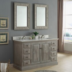 INFURNITURE WK8360+AP TOP 60 INCH SOLID RECYCLED FIR DOUBLE SINK VANITY IN GREY WITH ARCTIC PEARL QUARTZ MARBLE TOP
