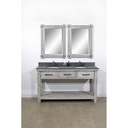 INFURNITURE WK8460-G+MG TOP 60 INCH RUSTIC SOLID FIR DOUBLE SINK VANITY IN GREY DRIFTWOOD WITH POLISHED TEXTURED SURFACE GRANITE TOP