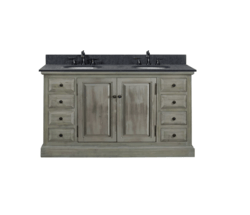 INFURNITURE WK8360+MG TOP 60 INCH SOLID RECYCLED FIR DOUBLE SINK VANITY IN GREY WITH POLISHED TEXTURED SURFACE GRANITE TOP