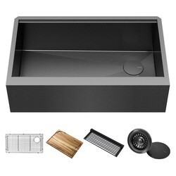 KRAUS KWF410-33/PGM KORE WORKSTATION 33 INCH FARMHOUSE MODERN FLAT APRON FRONT 16 GAUGE STAINLESS STEEL SINGLE BOWL KITCHEN SINK IN PVD GUNMETAL FINISH WITH ACCESSORIES