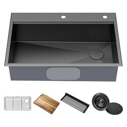 KRAUS KWT310-33/PGM KORE WORKSTATION 33 INCH TOP MOUNT DROP-IN 16 GAUGE STAINLESS STEEL SINGLE BOWL KITCHEN SINK IN PVD GUNMETAL FINISH WITH ACCESSORIES