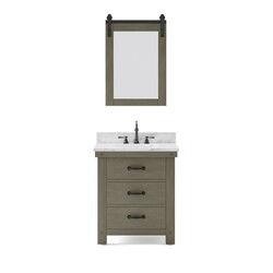 WATER-CREATION AB30CW03GG-P24TL1203 ABERDEEN 30 INCH SINGLE SINK CARRARA WHITE MARBLE COUNTERTOP VANITY IN GRIZZLE GRAY WITH HOOK FAUCET AND MIRROR