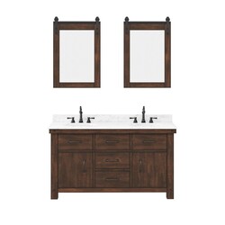 WATER-CREATION AB60CW03RS-P24TL1203 ABERDEEN 60 INCH DOUBLE SINK CARRARA WHITE MARBLE COUNTERTOP VANITY IN RUSTIC SIERRA WITH HOOK FAUCETS AND MIRRORS