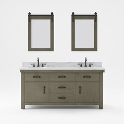 WATER-CREATION AB72CW03GG-P24TL1203 ABERDEEN 72 INCH DOUBLE SINK CARRARA WHITE MARBLE COUNTERTOP VANITY IN GRIZZLE GRAY WITH HOOK FAUCETS AND MIRRORS