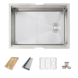 AZUNI C126L 25 INCH SINGLE BASIN UNDERMOUNT KITCHEN SINK WITH GRID, STRAINER, DRYING RACK AND BAMBOO CUTTING BOARD