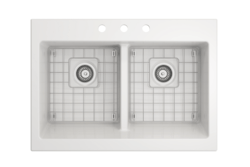 BOCCHI 1501-0127 NUOVA 34 INCH APRON FRONT DROP-IN FIRECLAY 50/50 DOUBLE BOWL KITCHEN SINK WITH PROTECTIVE BOTTOM GRIDS AND STRAINER