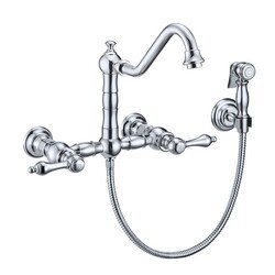 WHITEHAUS WHKWLV3-9402-NT VINTAGE III PLUS 9 INCH WALL MOUNT FAUCET WITH LONG TRADITIONAL SWIVEL SPOUT, LEVER HANDLES AND SOLID BRASS SIDE SPRAY