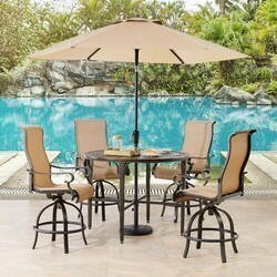 HANOVER BRIGDN5PCBR-SU BRIGANTINE 5-PIECE OUTDOOR HIGH-DINING SET WITH 4 SLING SWIVEL CHAIRS, 50 INCH ROUND CAST-TOP TABLE, 9-FEET UMBRELLA AND BASE