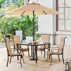 HANOVER BRIGDN5PCSQ-SU BRIGANTINE 5-PIECE OUTDOOR DINING SET WITH 4 CONTOURED-SLING CHAIRS, 42 INCH SQUARE CAST-TOP TABLE, 9 FEET UMBRELLA AND BASE