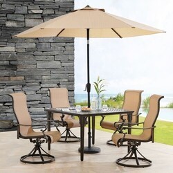 HANOVER BRIGDN5PCSWSQ-SU BRIGANTINE 5-PIECE OUTDOOR DINING SET WITH 4 SLING SWIVEL ROCKERS, 42 INCH SQUARE CAST-TOP TABLE, 9 FEET UMBRELLA AND BASE