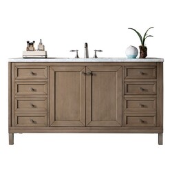 JAMES MARTIN 305-V60S-WWW-3CAR CHICAGO 60 INCH WHITEWASHED WALNUT SINGLE VANITY WITH 3 CM CARRARA MARBLE TOP