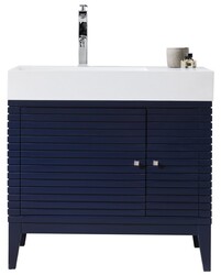 JAMES MARTIN 210-V36-VBL-GW LINEAR 36 INCH SINGLE VANITY IN VICTORY BLUE WITH GLOSSY WHITE SOLID SURFACE TOP